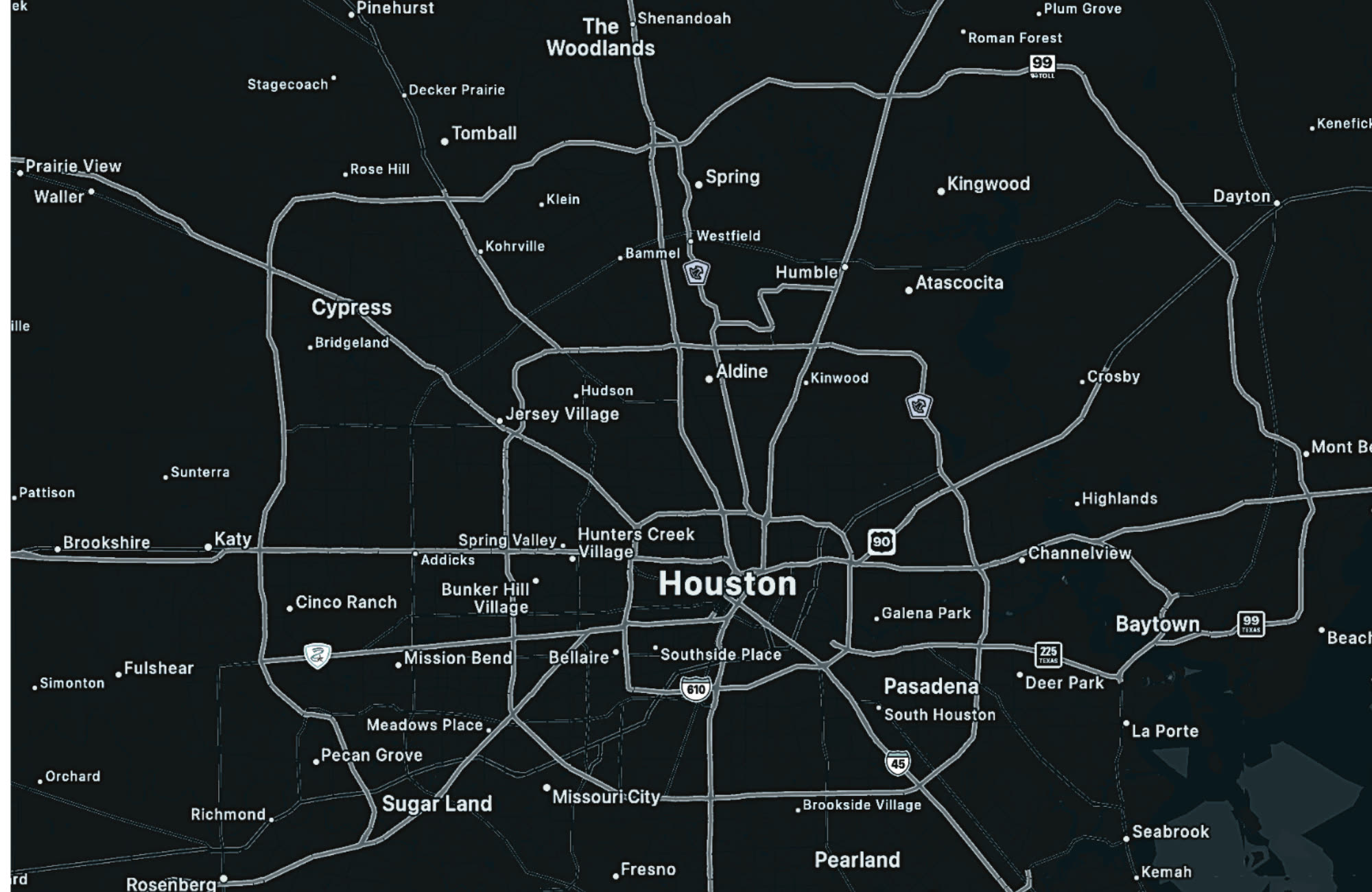 Map of Houston showing The Den × FCS facility locations